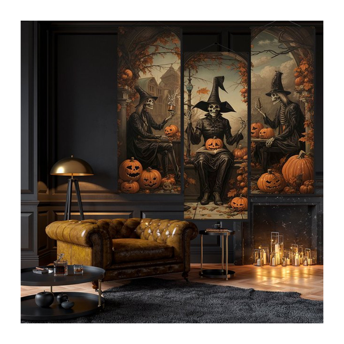 3er Set Vintage Halloween Dekoration Banner mit Horror Porträts von Mann, Schädel und Geist als Hintergrund für deine Villa - Bild 1