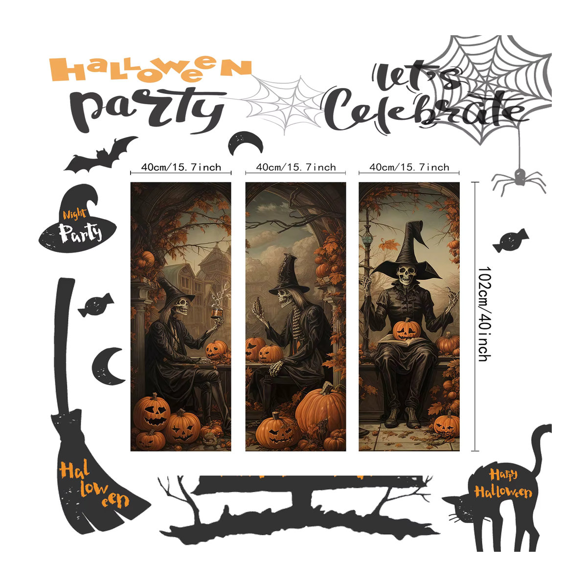 3er Set Vintage Halloween Dekoration Banner mit Horror Porträts von Mann, Schädel und Geist als Hintergrund für deine Villa - Bild 2