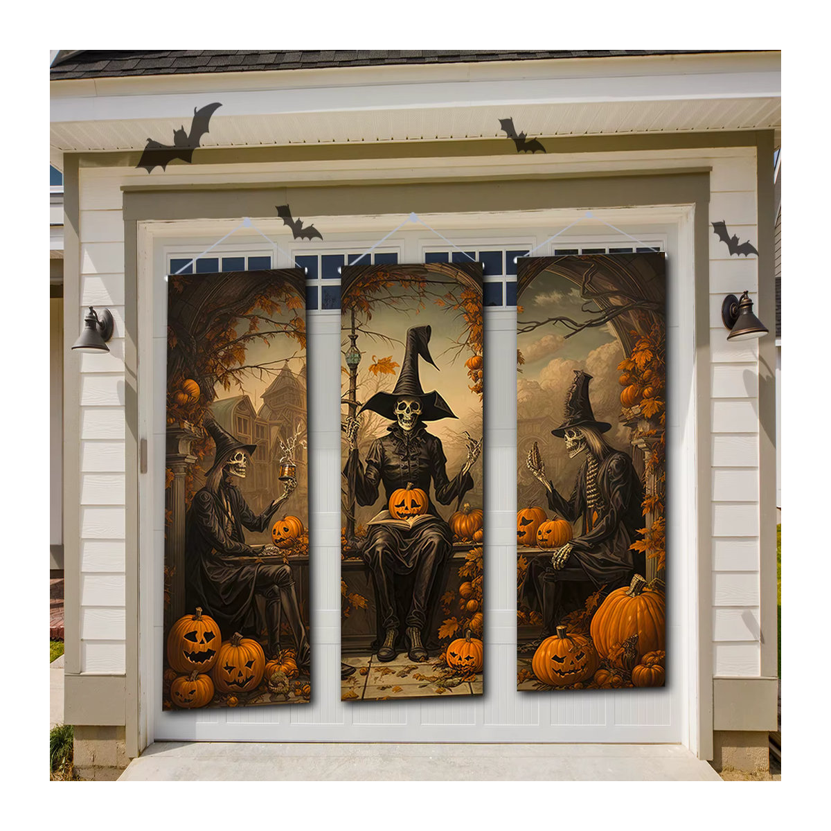 3er Set Vintage Halloween Dekoration Banner mit Horror Porträts von Mann, Schädel und Geist als Hintergrund für deine Villa - Bild 3