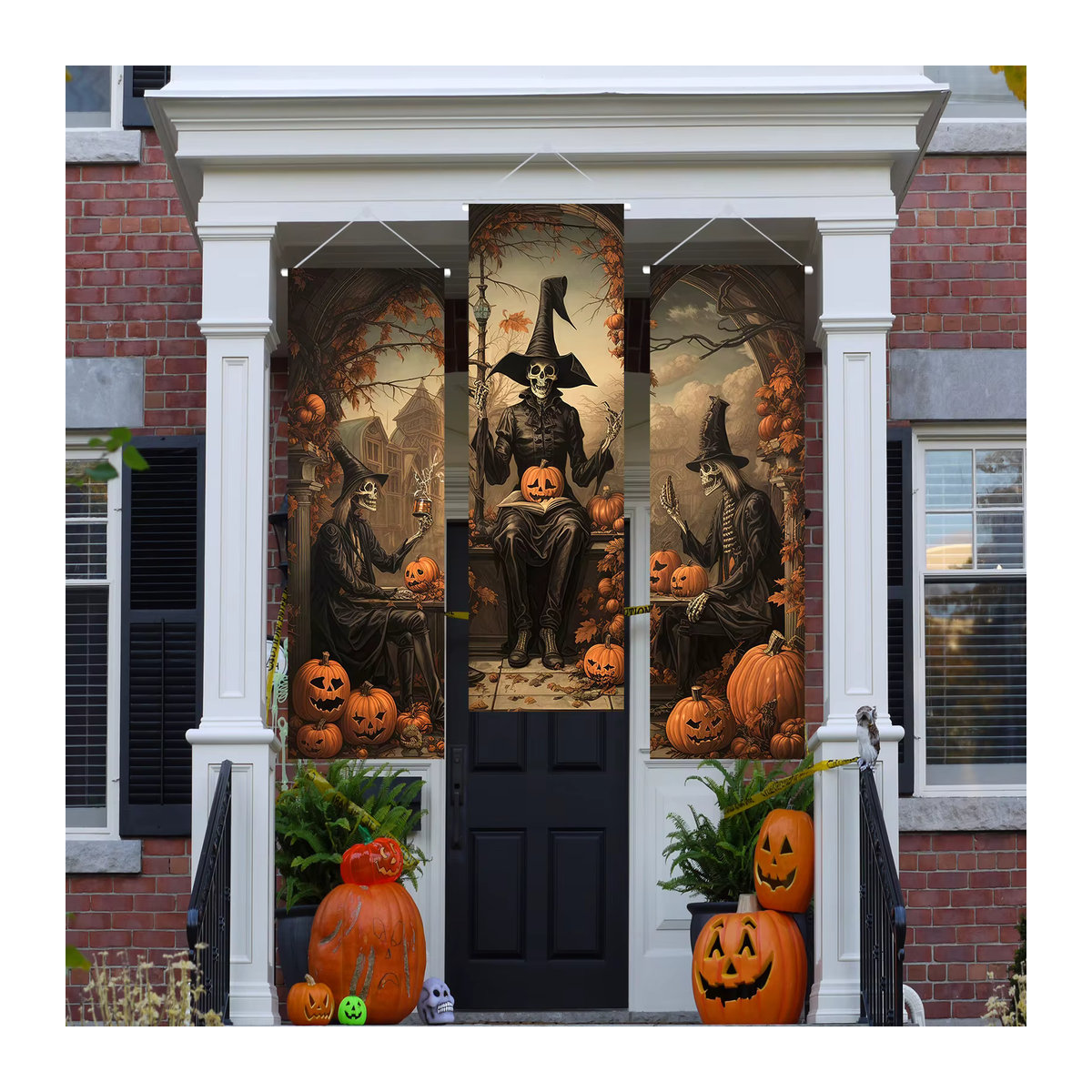 3er Set Vintage Halloween Dekoration Banner mit Horror Porträts von Mann, Schädel und Geist als Hintergrund für deine Villa - Bild 4