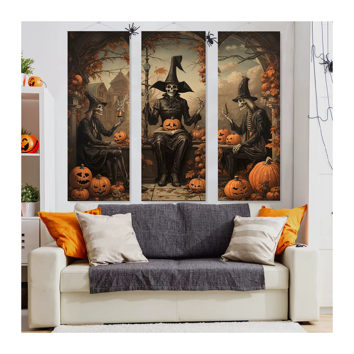 3er Set Vintage Halloween Dekoration Banner mit Horror Porträts von Mann, Schädel und Geist als Hintergrund für deine Villa - Bild 5