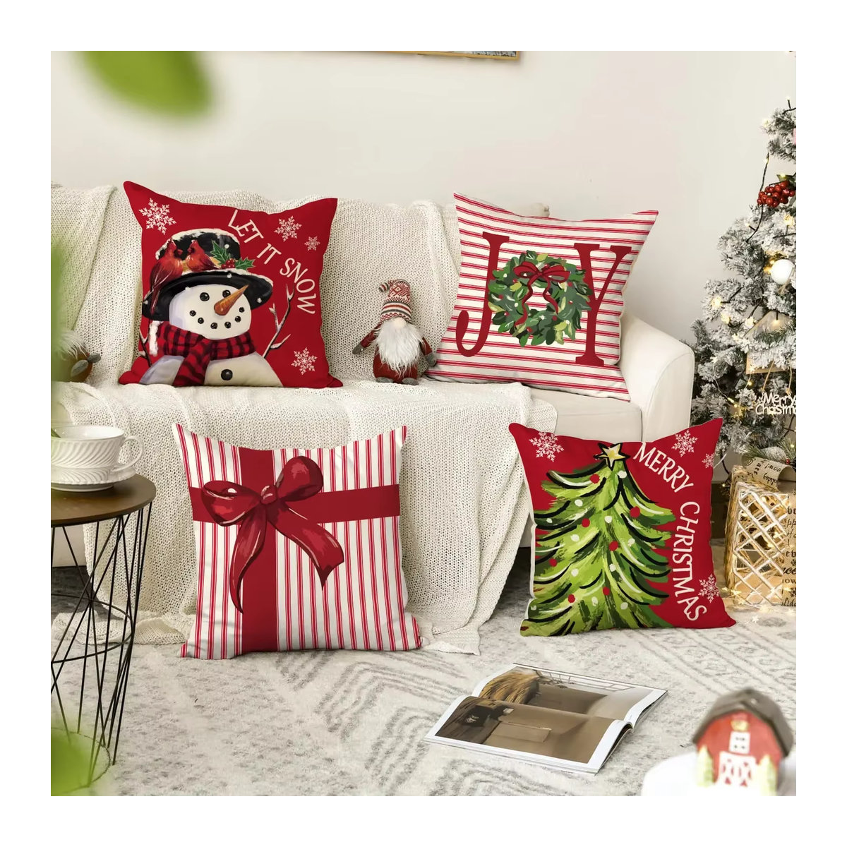 4 Stück ZZN Weihnachts-Kissenbezüge in Schwarz und Rot mit Büffelkaro, Schneeflocken und Weihnachtsbaum Design zur Dekoration deines Sofas - Bild 2
