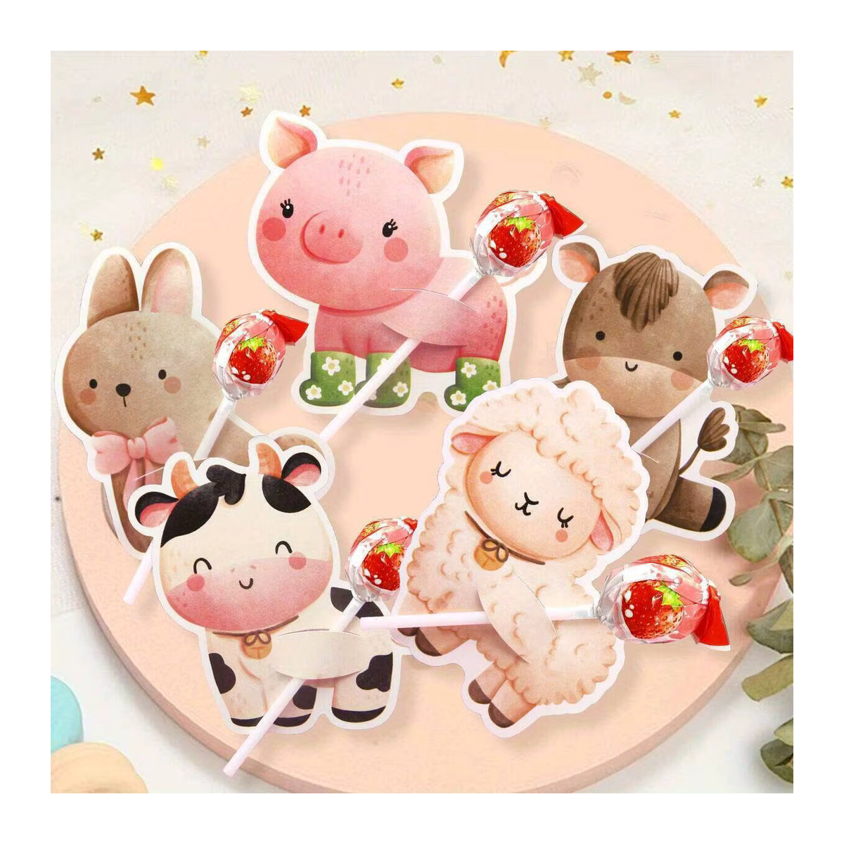 48 Stück Cartoon Nutztier Lutscher-Verpackungen mit Schwein, Schaf und Kuh für deine Geburtstagsparty-Dekoration, mehrfarbig - Bild 3