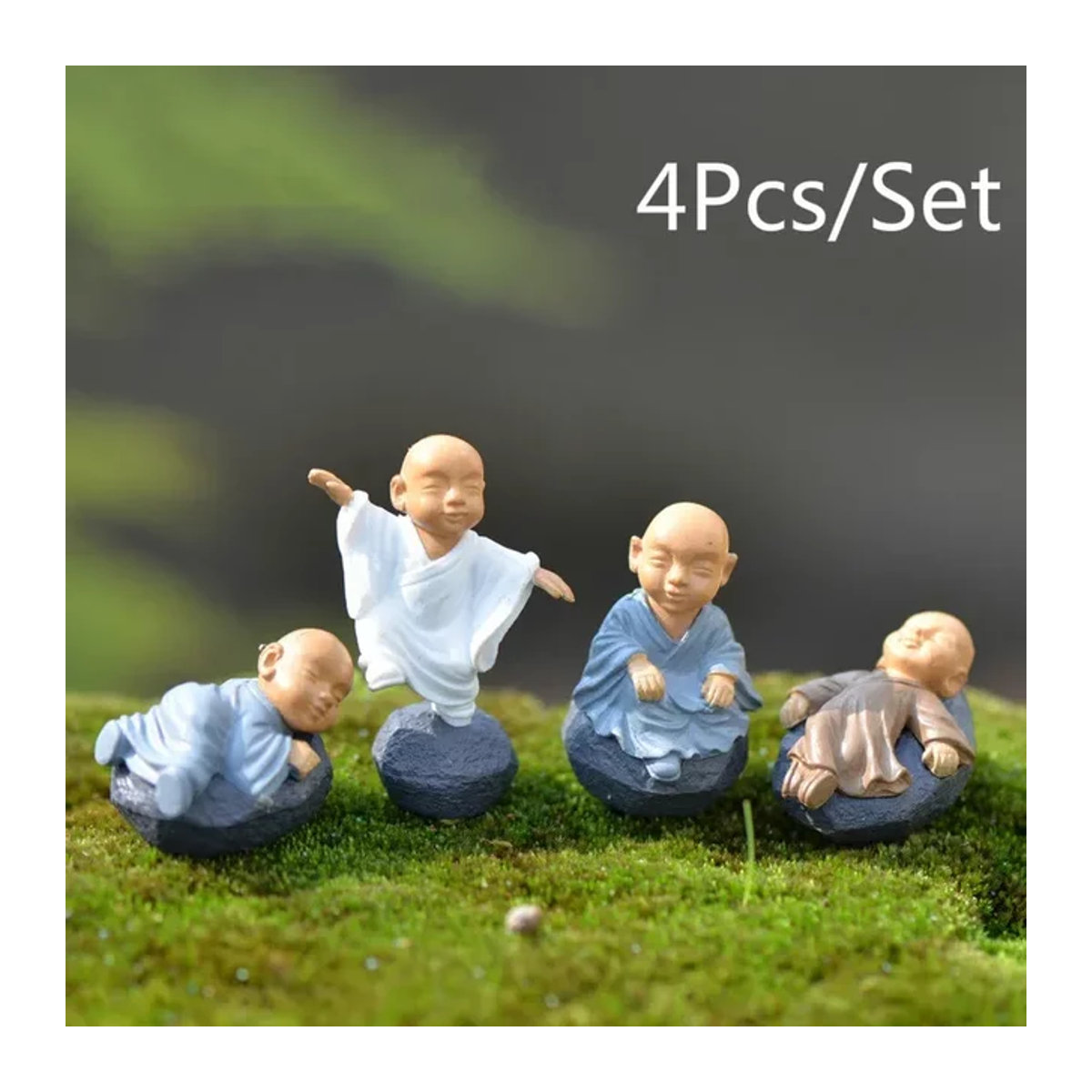 4er-Set chinesische buddhistische Mönche als Miniatur-Figuren aus Harz in Blau für Bonsai, Garten und Wohnkultur - Bild 1