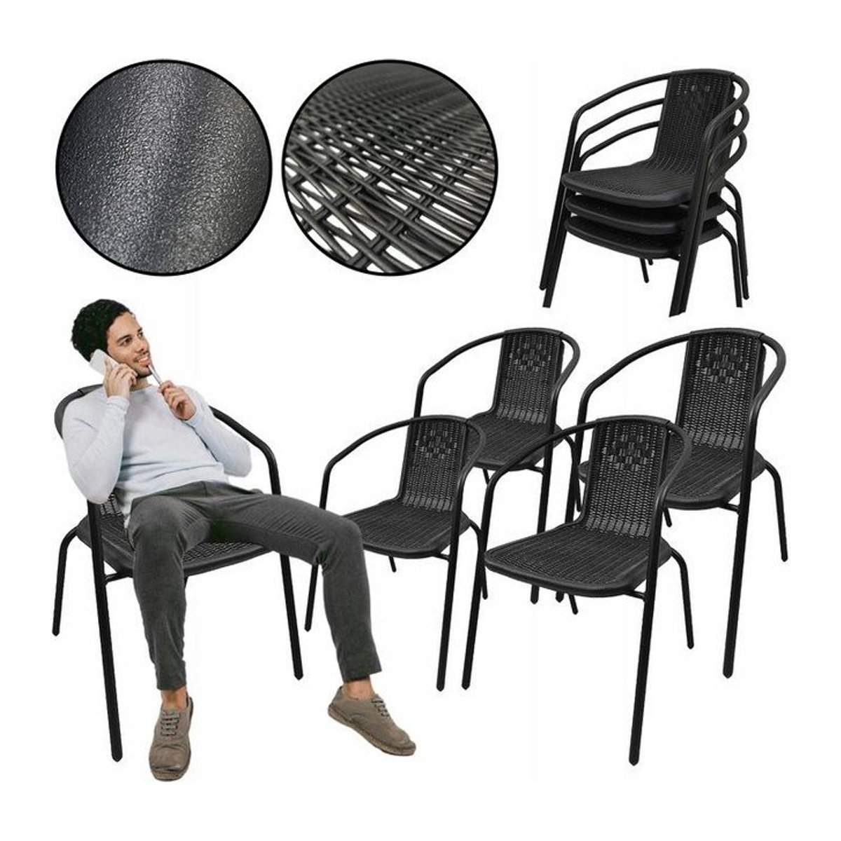 4er Set Gartenstühle Loretto Schwarz aus Stahl und Kunststoffgeflecht für Terrasse und Garten - Bild 1