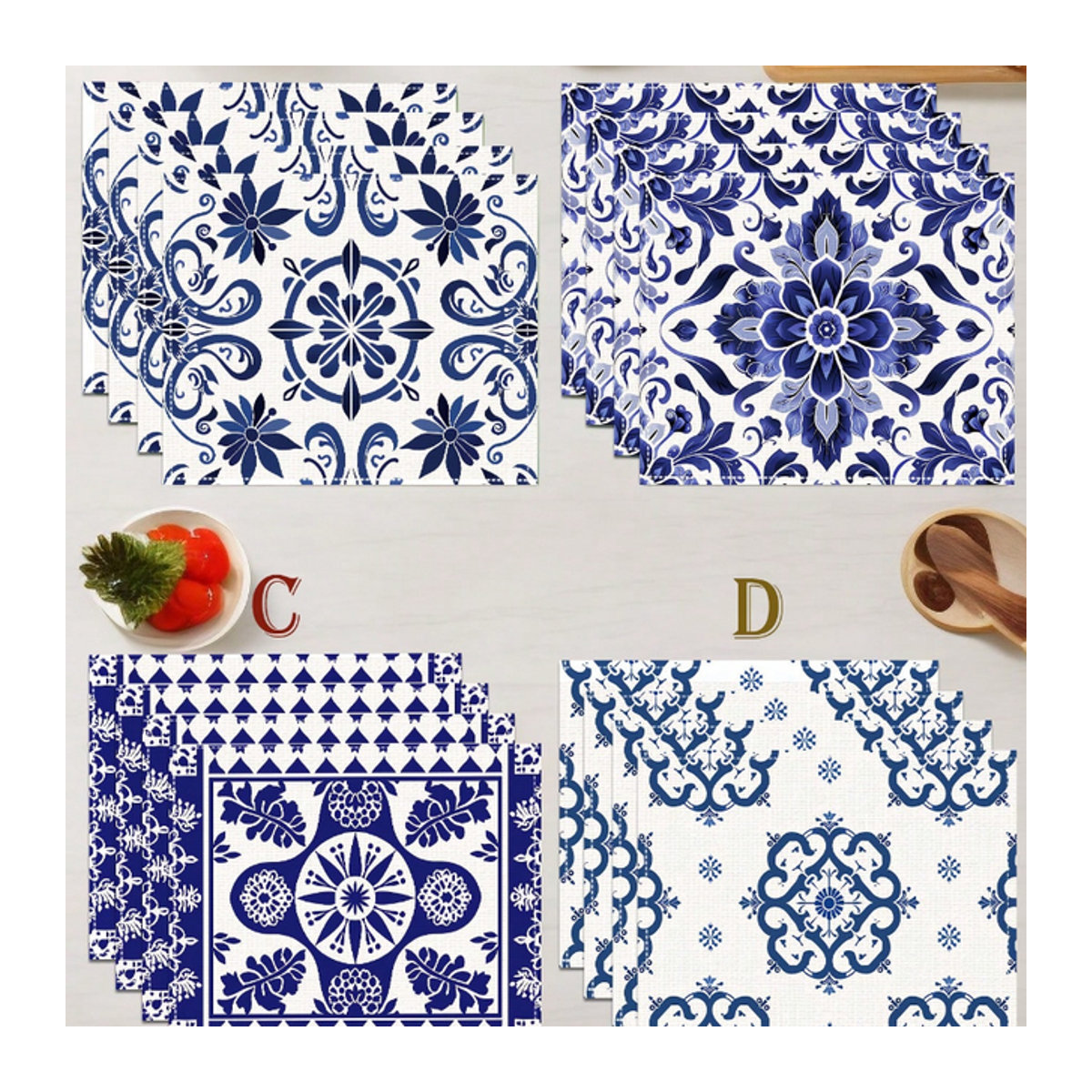 4er Set geometrische Tischsets im böhmischen Keramik-Stil in Blau und Weiß zur Dekoration - Bild 1