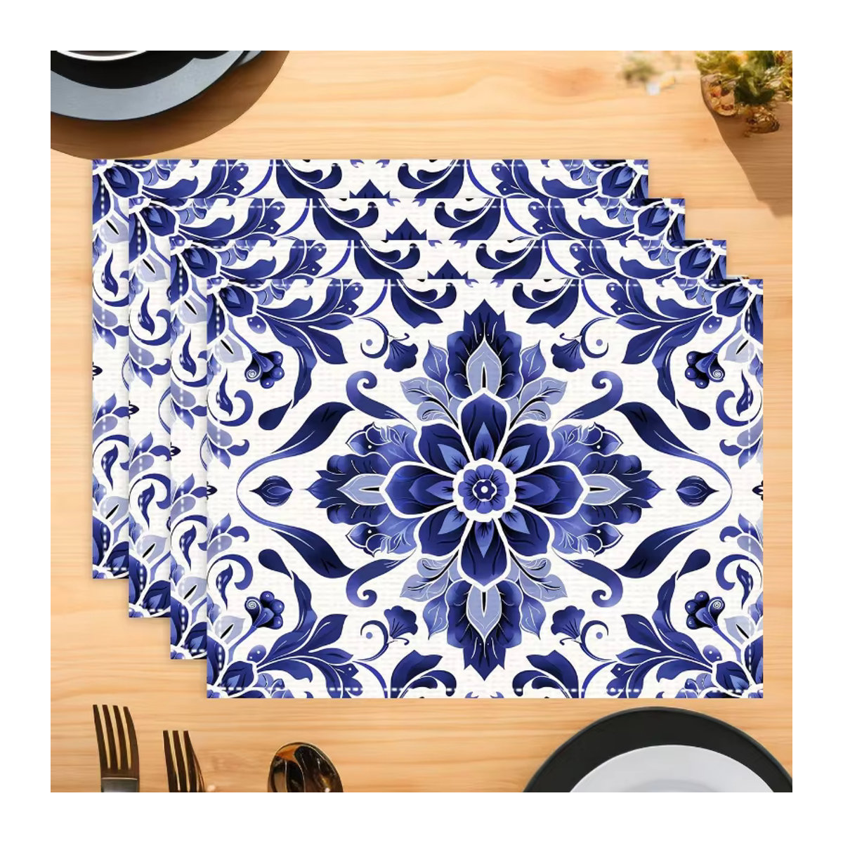 4er Set geometrische Tischsets im böhmischen Keramik-Stil in Blau und Weiß zur Dekoration - Bild 2