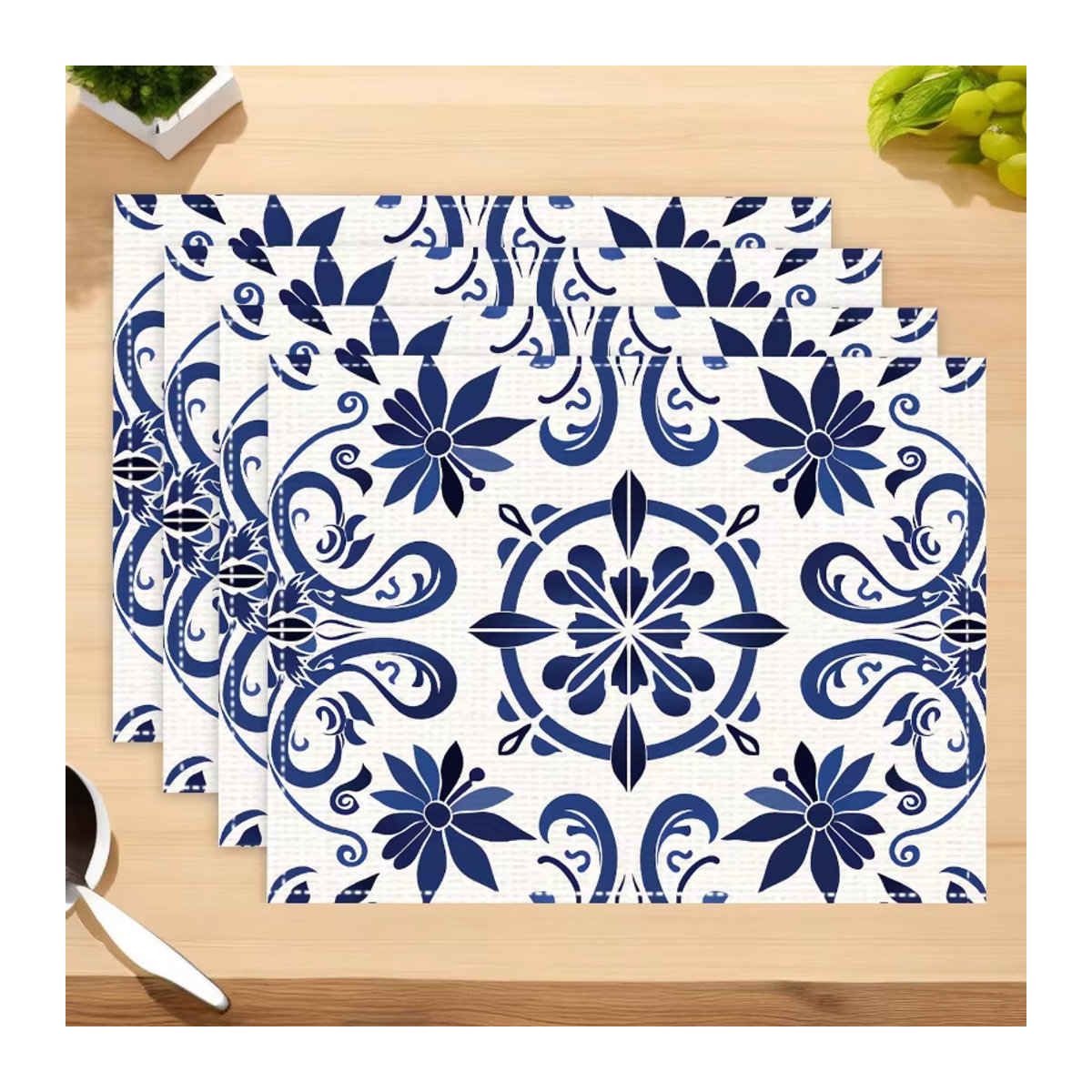4er Set geometrische Tischsets im böhmischen Keramik-Stil in Blau und Weiß zur Dekoration - Bild 3