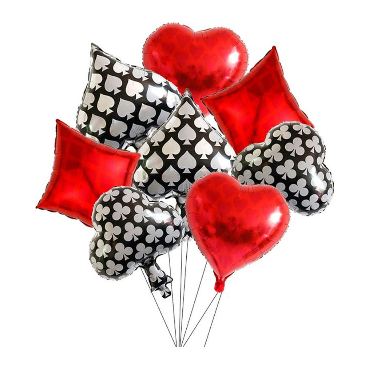 4er-Set LQZZY Folienballons im Casino-Design mit Spielkarten und Pfirsichherzen, quadratisch, mehrfarbig in Rosa, Rot und Rot, ideale Partydekoration für Geburtstag und Babyparty - Bild 1