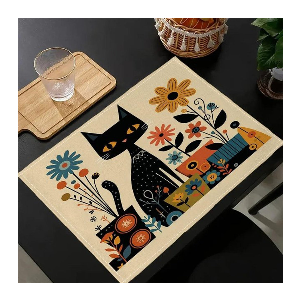 4er-Set Platzset aus Leinen mit schwarzer Katze und Aquarell-Blumenmuster, mehrfarbig, B/H: 32 x 42 cm - Bild 1