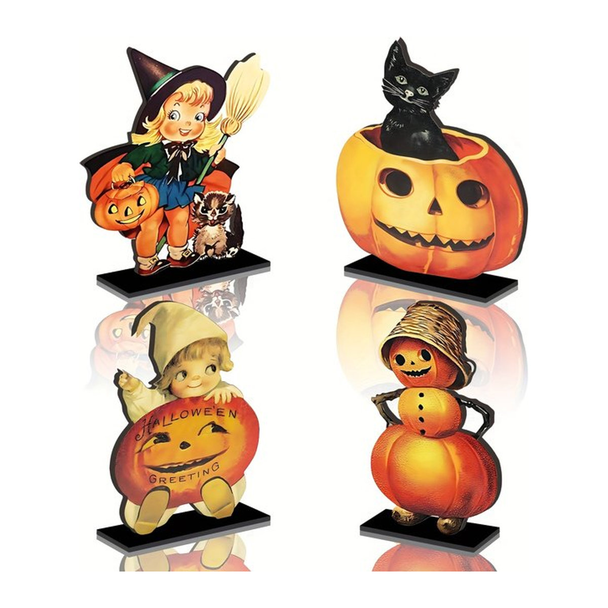4er-Set Vintage Halloween Tischdeko aus Holz im Victoria Nischen Stil mit Kürbis und schwarzer Katze - Bild 1