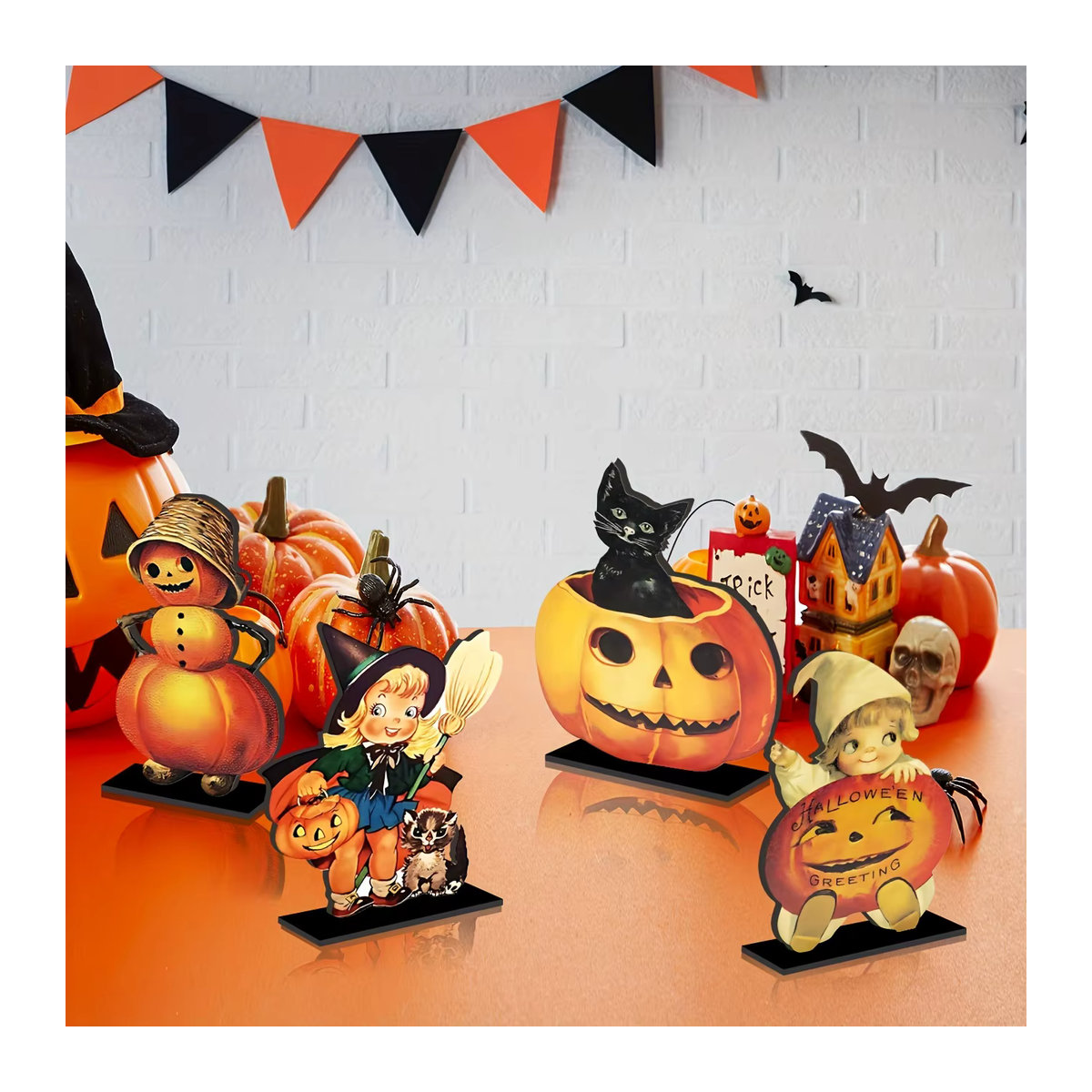 4er-Set Vintage Halloween Tischdeko aus Holz im Victoria Nischen Stil mit Kürbis und schwarzer Katze - Bild 3