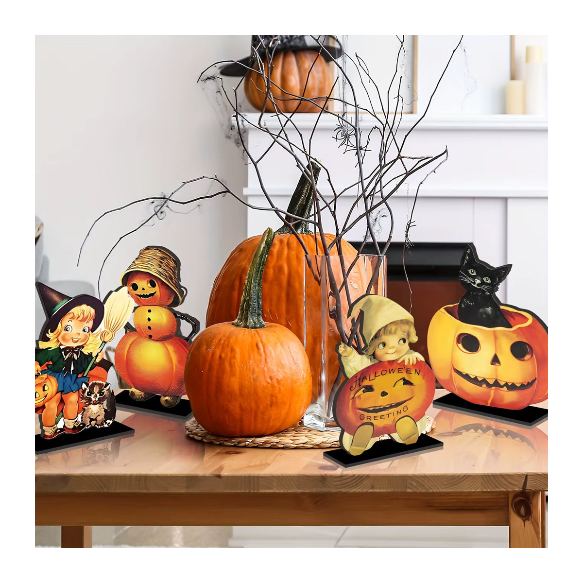 4er-Set Vintage Halloween Tischdeko aus Holz im Victoria Nischen Stil mit Kürbis und schwarzer Katze - Bild 4
