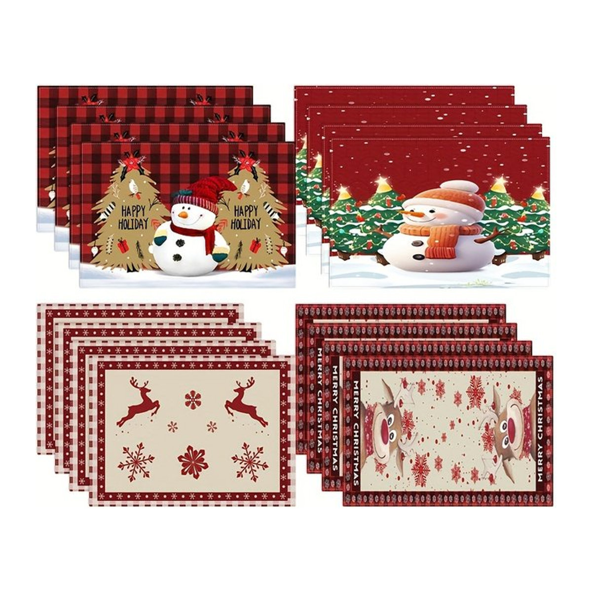 4er Set Weihnachts Tischsets mit Weihnachtsmann, Tannenbaum und Schneeflocken Design in Rot Kariert, quadratisch und maschinenwaschbar - Bild 1