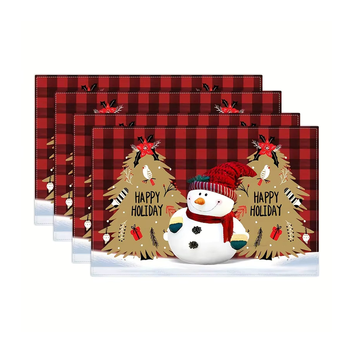4er Set Weihnachts Tischsets mit Weihnachtsmann, Tannenbaum und Schneeflocken Design in Rot Kariert, quadratisch und maschinenwaschbar - Bild 2