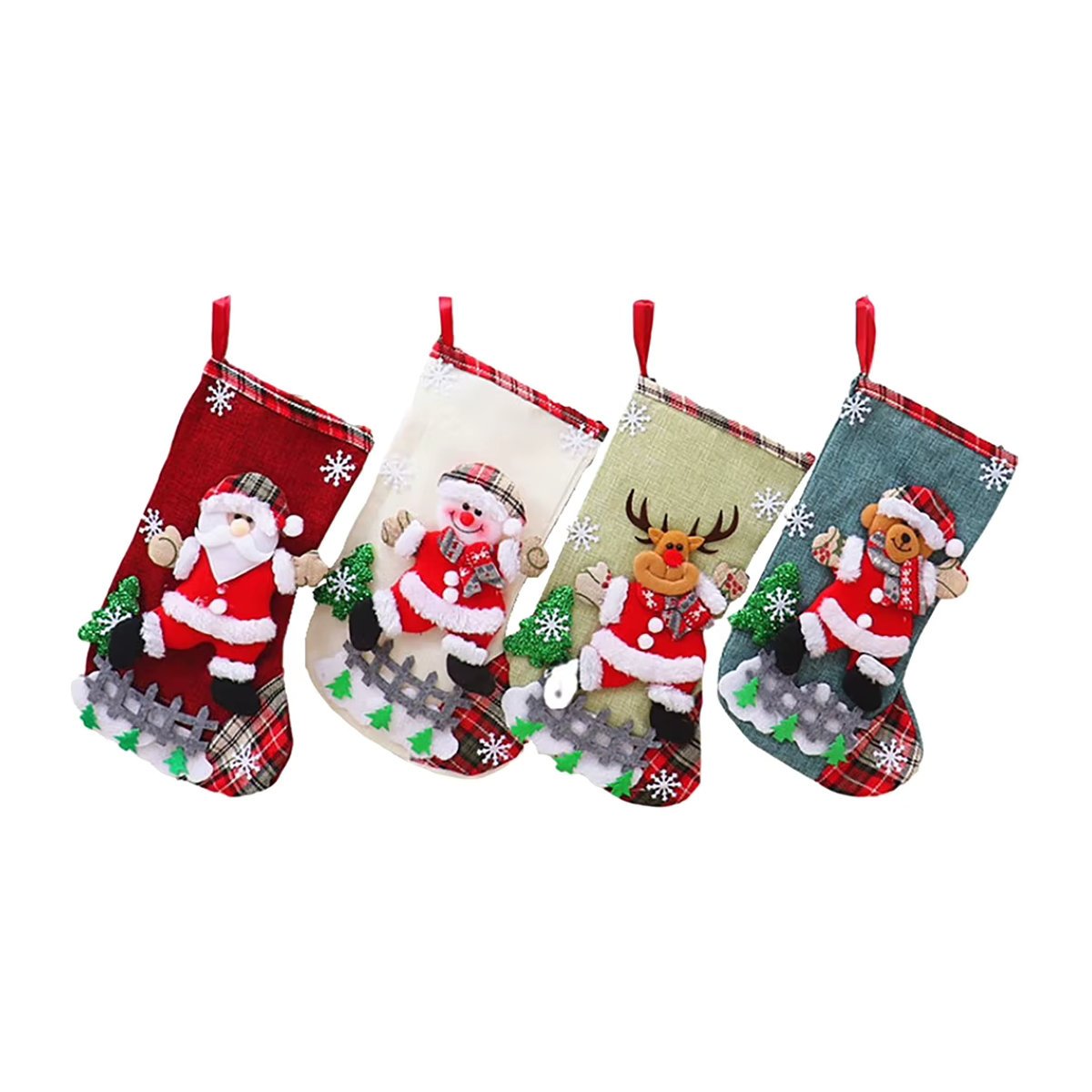 4er Set Weihnachtsstrümpfe aus Plüsch in Rot mit Motiv Weihnachtsmann, Schneemann, Bär und Elch zur Dekoration für Kamin oder Weihnachtsbaum - Bild 2