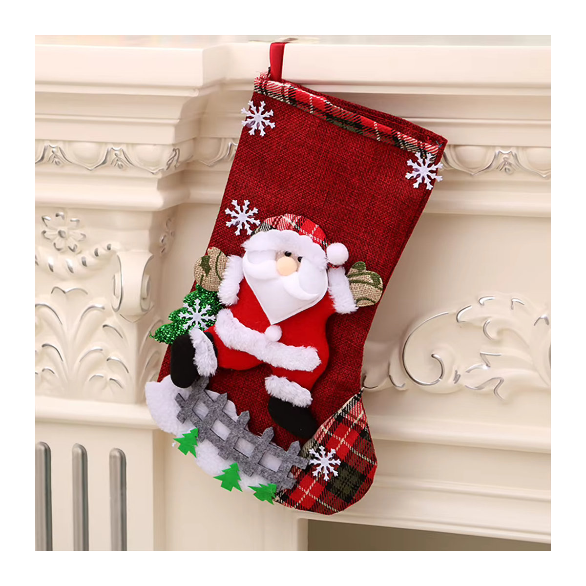 4er Set Weihnachtsstrümpfe aus Plüsch in Rot mit Motiv Weihnachtsmann, Schneemann, Bär und Elch zur Dekoration für Kamin oder Weihnachtsbaum - Bild 3