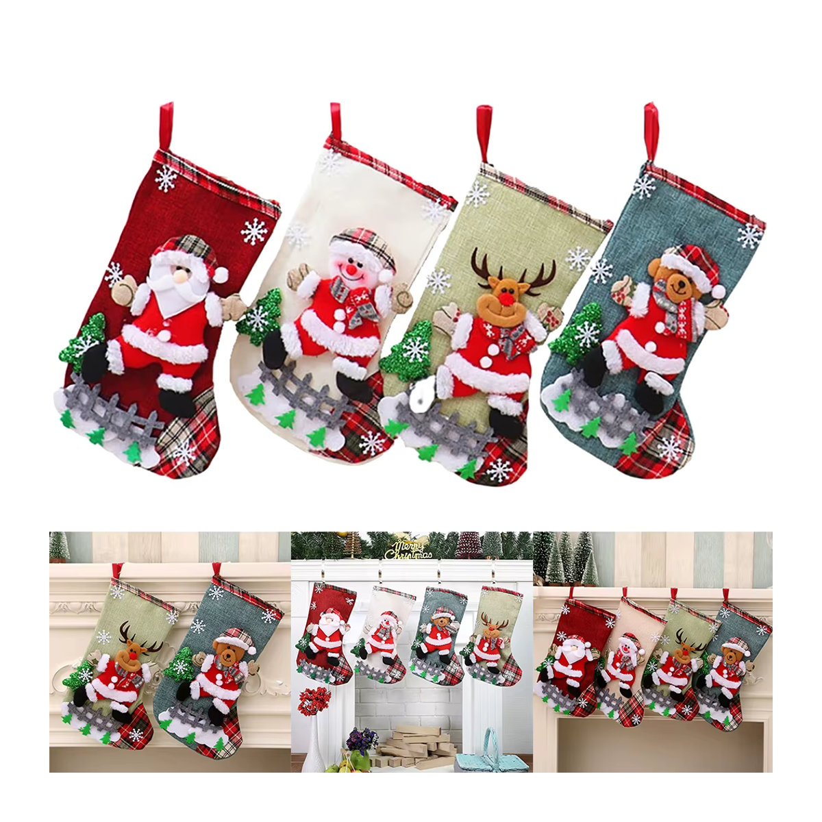 4er Set Weihnachtsstrümpfe aus Plüsch in Rot mit Motiv Weihnachtsmann, Schneemann, Bär und Elch zur Dekoration für Kamin oder Weihnachtsbaum - Bild 4
