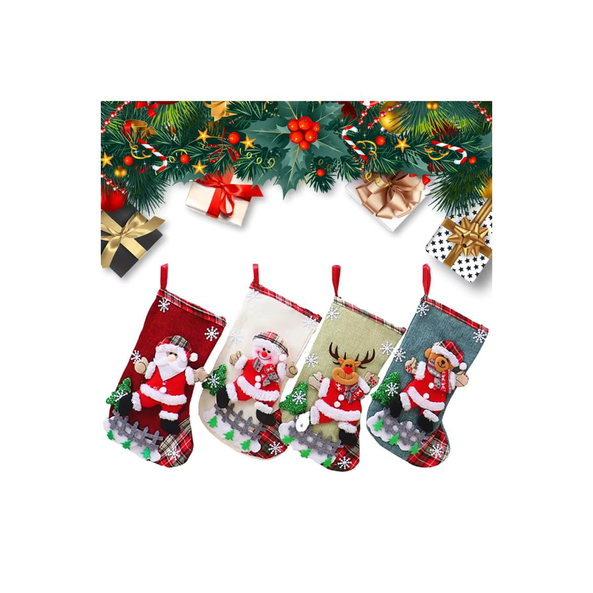 4er Set Weihnachtsstrümpfe aus Plüsch in Rot mit Motiv Weihnachtsmann, Schneemann, Bär und Elch zur Dekoration für Kamin oder Weihnachtsbaum - Bild 6