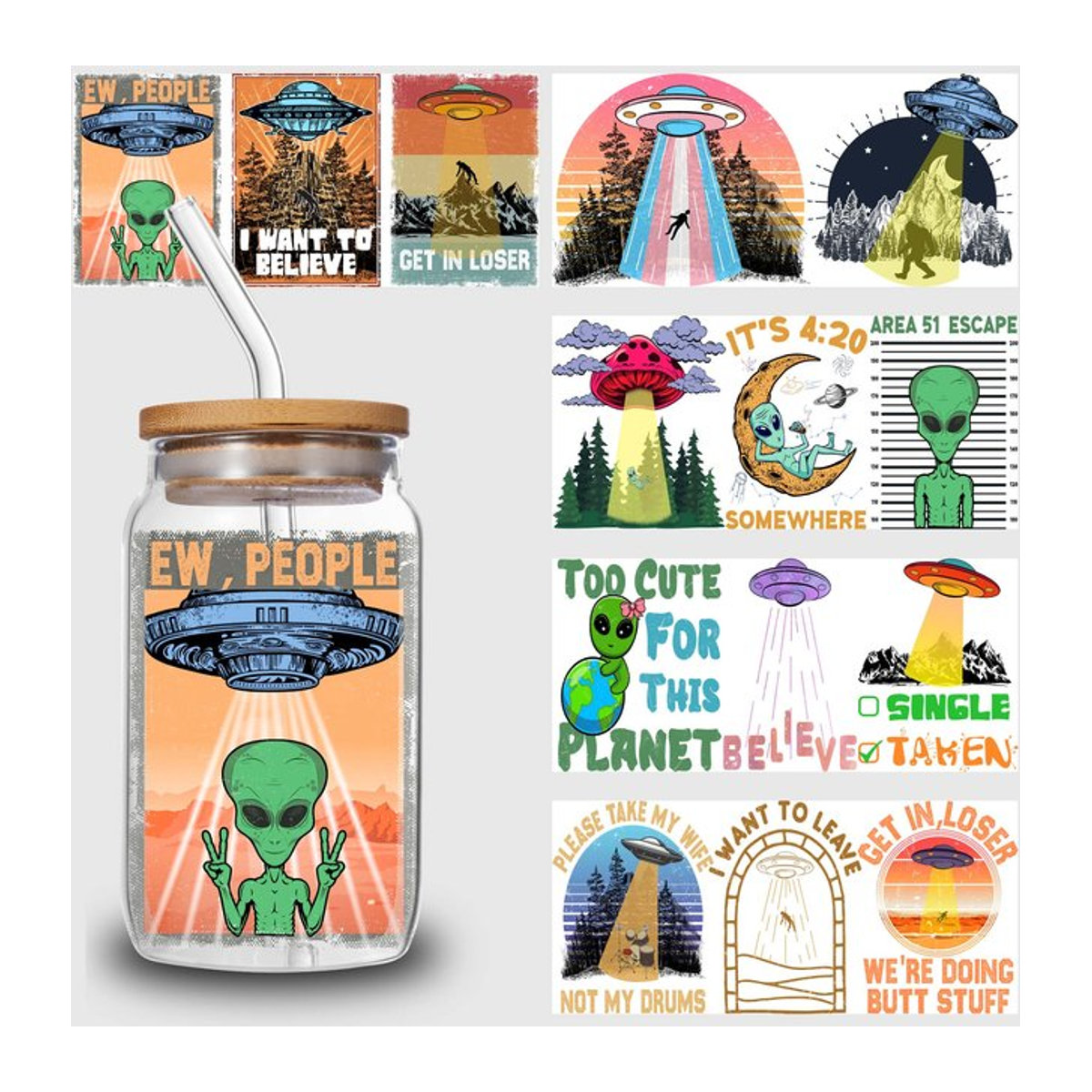 5 Blatt Alien UV DTF Transferaufkleber für 16 oz Getränkehalter, wasserfeste Motiv-Aufkleber für Gläser - Bild 1
