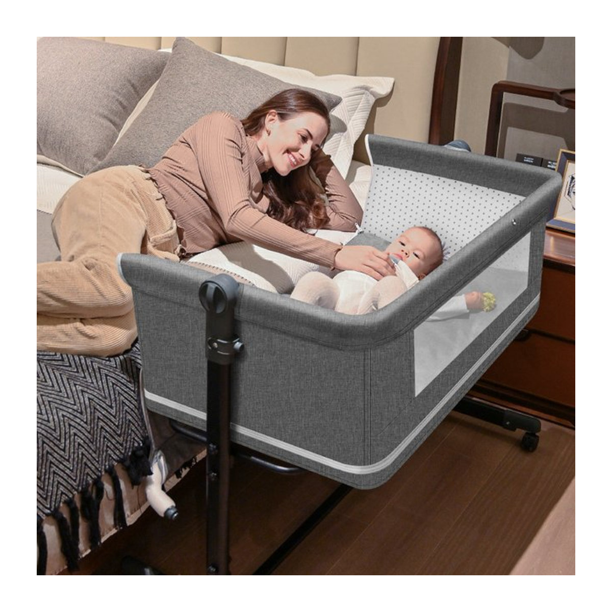 5-in-1 Babystation Grau mit Kinderbett, Wickeltisch, Laufstall, mobiler Basis und Aufbewahrungsorganisator aus Metall - Bild 1