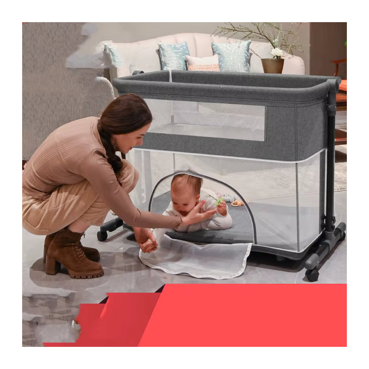 5-in-1 Babystation Grau mit Kinderbett, Wickeltisch, Laufstall, mobiler Basis und Aufbewahrungsorganisator aus Metall - Bild 2