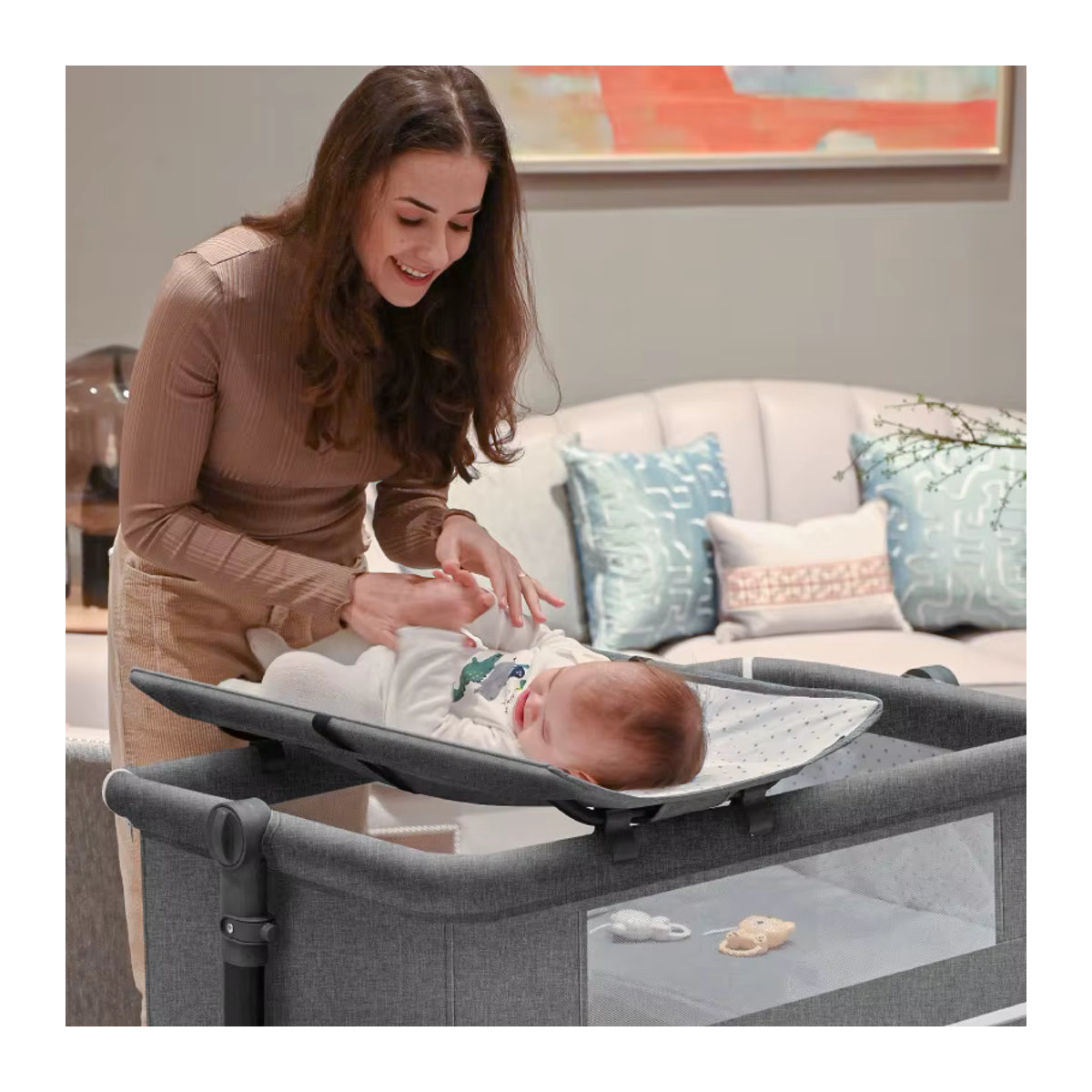 5-in-1 Babystation Grau mit Kinderbett, Wickeltisch, Laufstall, mobiler Basis und Aufbewahrungsorganisator aus Metall - Bild 4