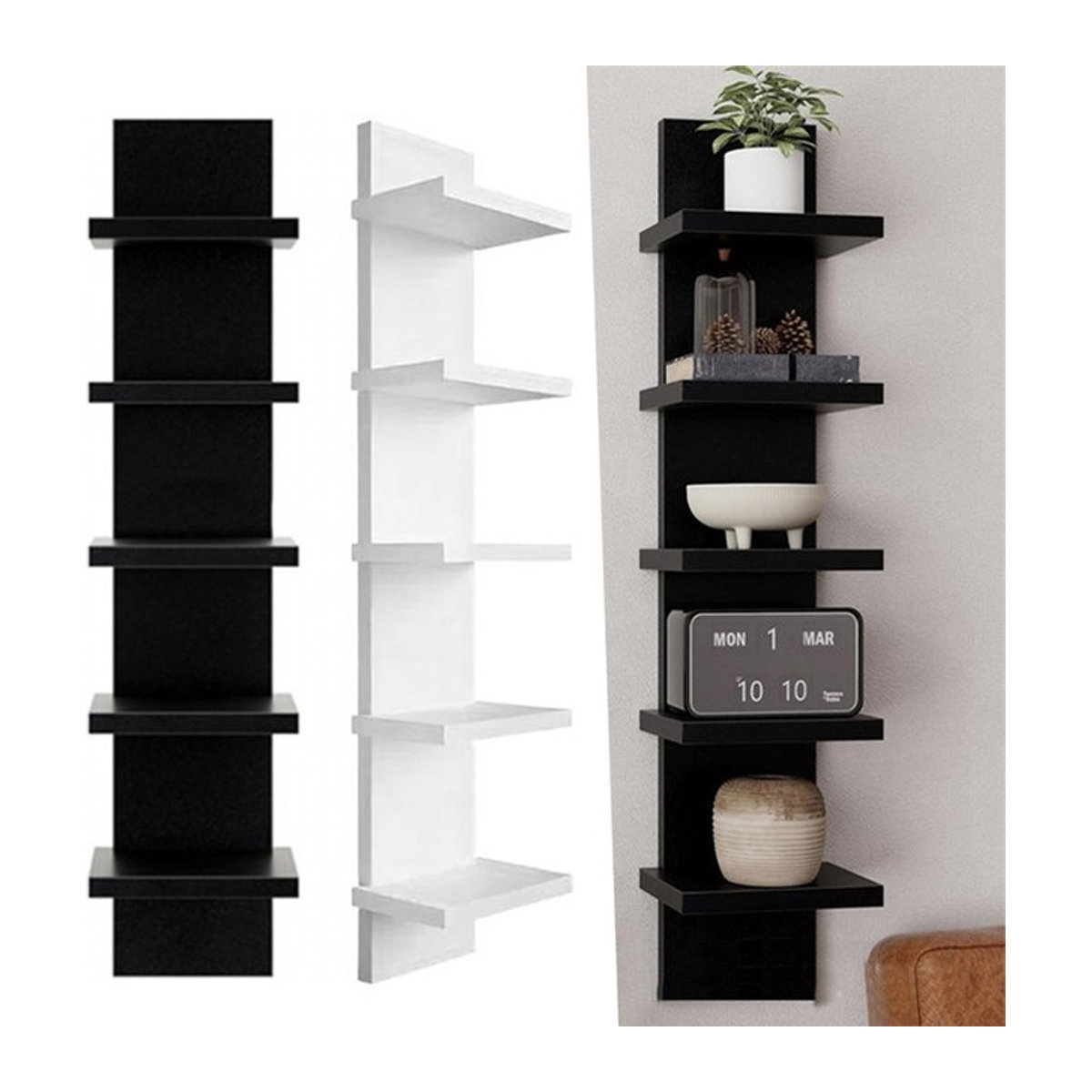 5-stufiges wandmontiertes Bücherregal aus PVC und MDF in Schwarz, minimalistisches schwebendes Aufbewahrungsregal für Wohnzimmer und Schlafzimmer - Bild 1