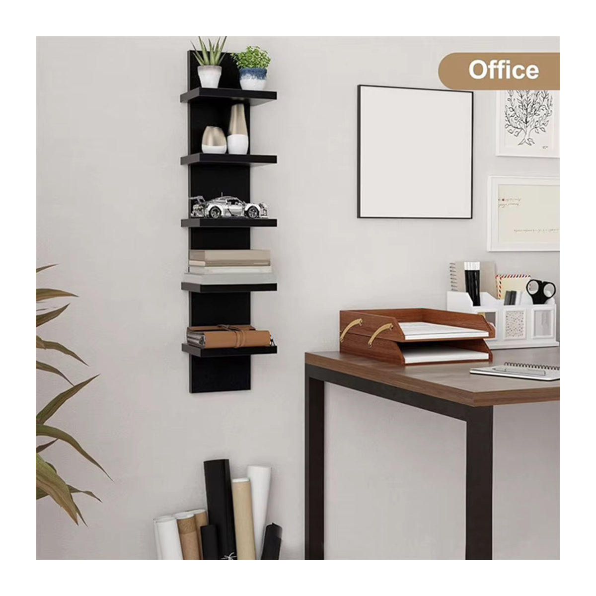 5-stufiges wandmontiertes Bücherregal aus PVC und MDF in Schwarz, minimalistisches schwebendes Aufbewahrungsregal für Wohnzimmer und Schlafzimmer - Bild 2