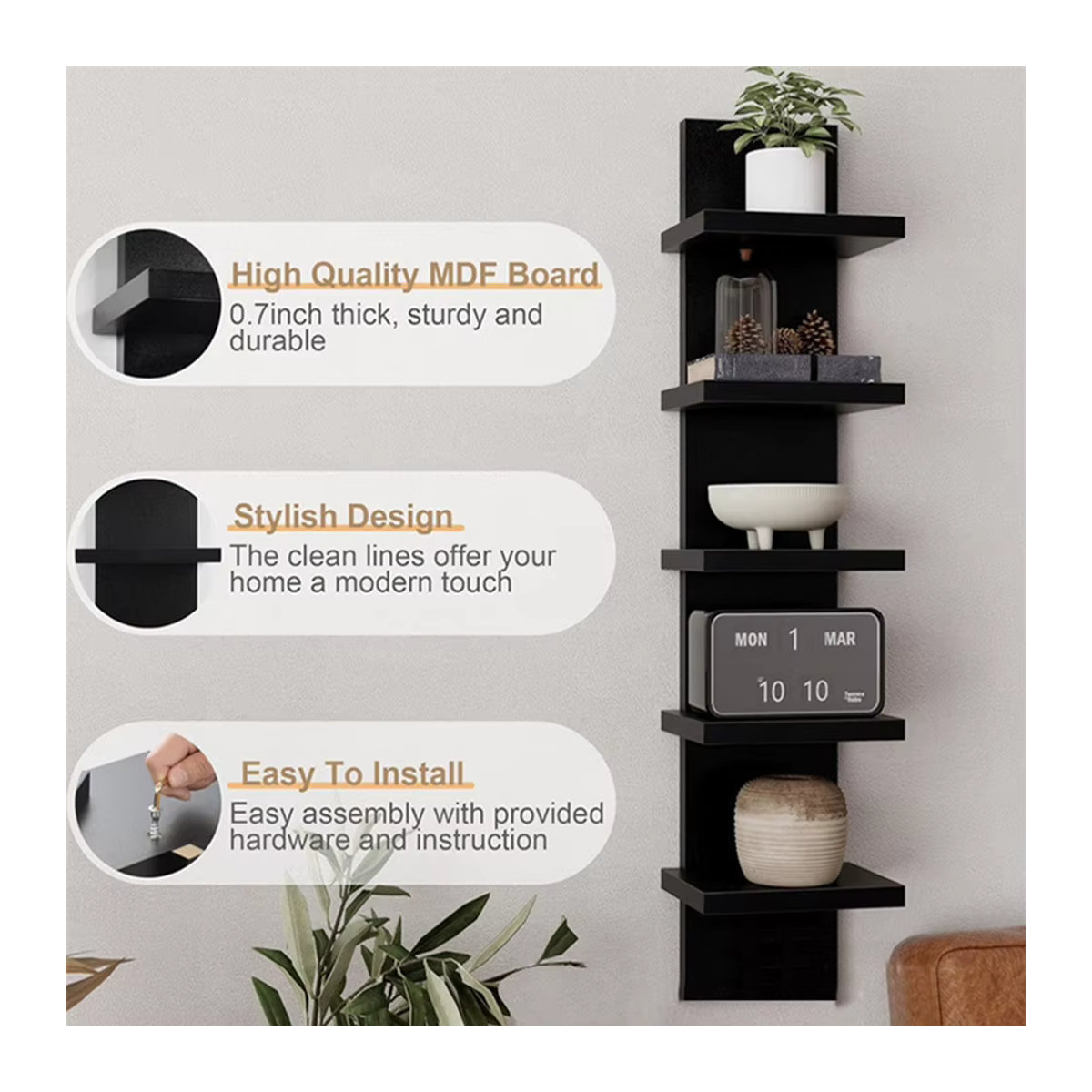 5-stufiges wandmontiertes Bücherregal aus PVC und MDF in Schwarz, minimalistisches schwebendes Aufbewahrungsregal für Wohnzimmer und Schlafzimmer - Bild 3