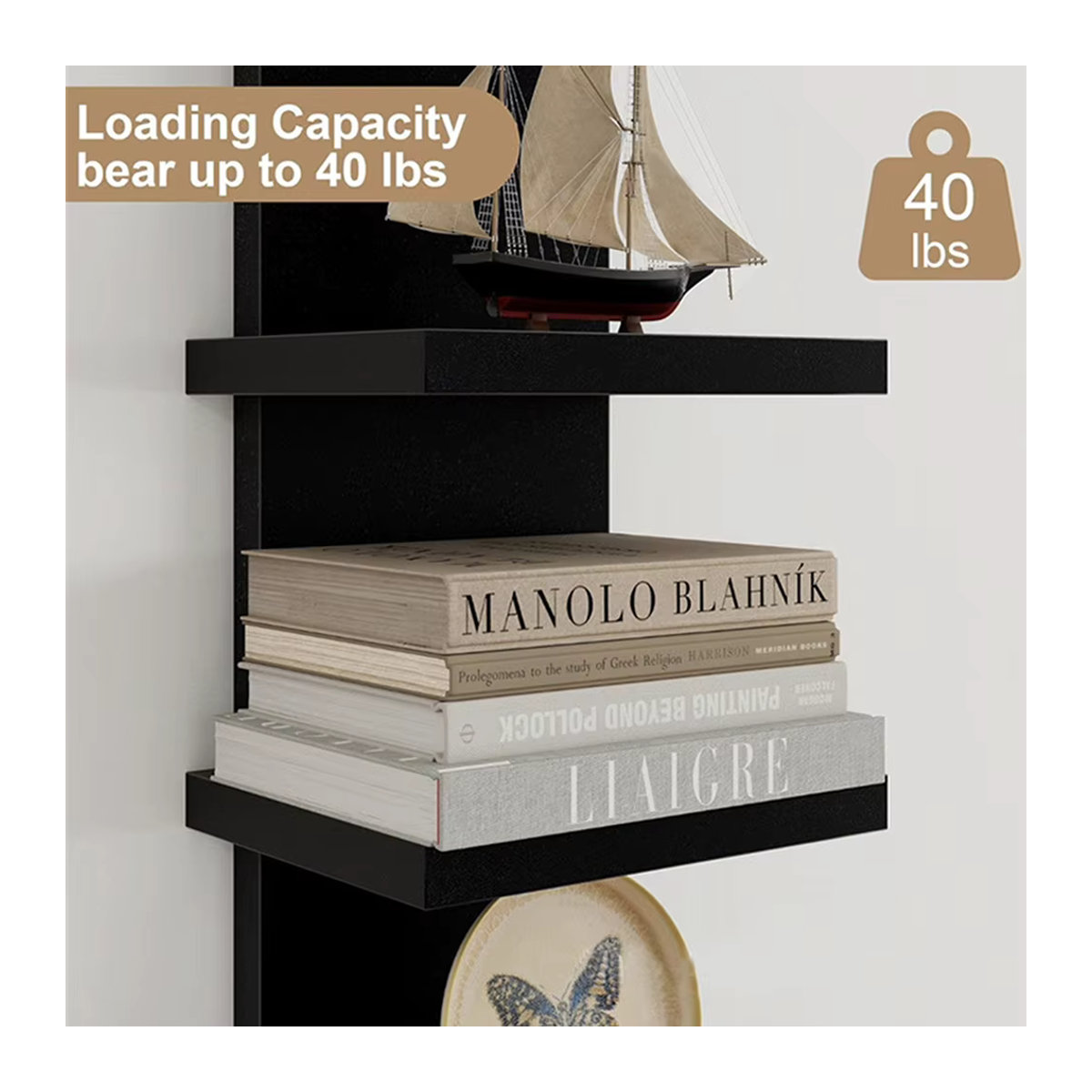 5-stufiges wandmontiertes Bücherregal aus PVC und MDF in Schwarz, minimalistisches schwebendes Aufbewahrungsregal für Wohnzimmer und Schlafzimmer - Bild 4
