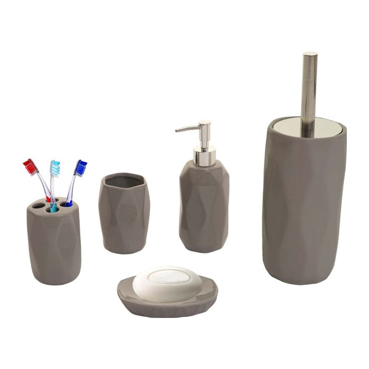 5-teiliges Badset MCW-H88 aus Keramik in Grau mit WC-Garnitur und Badezimmer-Accessoires - Bild 1