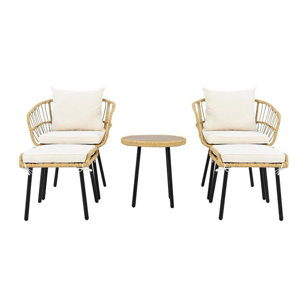 5-teiliges Garten-Lounge-Set von GL Store im skandinavischen Design aus Polyrattan und Stoff, bestehend aus 1 Esstisch, 2 Stühlen und 2 Hockern in Weiß, Natur und Schwarz - Bild 1