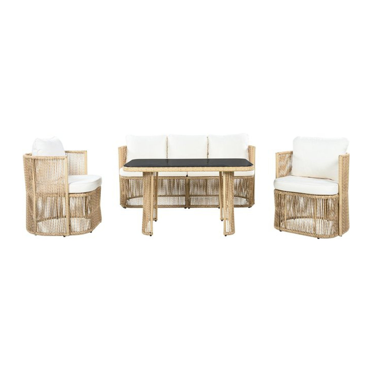 5-teiliges Polyrattan Gartenmöbel-Set von GL Store mit 3-Sitzer-Sofa, 2 Sesseln und Glastisch in Beige, Schwarz und Weiß - Bild 1