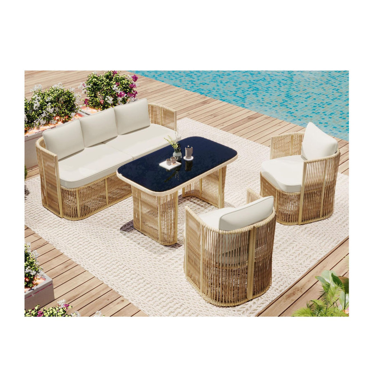 5-teiliges Polyrattan Gartenmöbel-Set von GL Store mit 3-Sitzer-Sofa, 2 Sesseln und Glastisch in Beige, Schwarz und Weiß - Bild 2