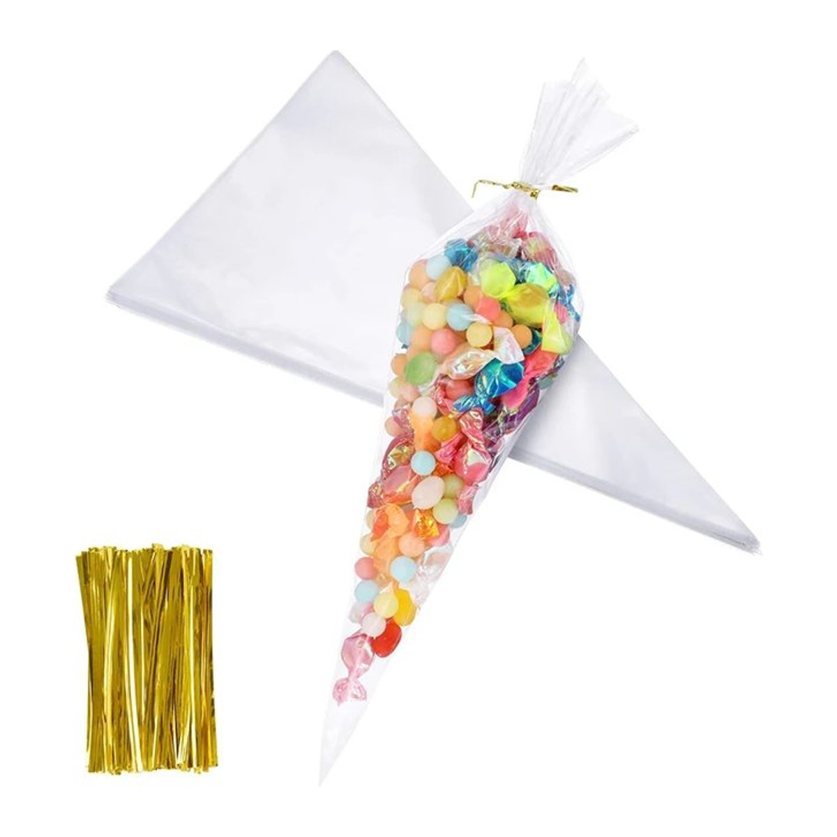 50 Stück ZQNYCY transparente Kegel-Süßigkeitentüten aus Kunststoff mit Kordelzug für Snacks und Geschenke in Bunt - Bild 1