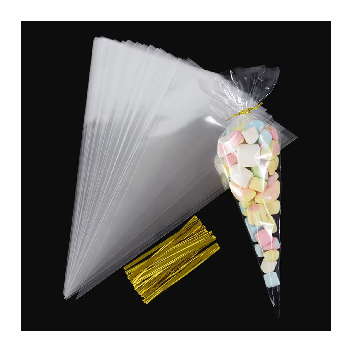 50 Stück ZQNYCY transparente Kegel-Süßigkeitentüten aus Kunststoff mit Kordelzug für Snacks und Geschenke in Bunt - Bild 3
