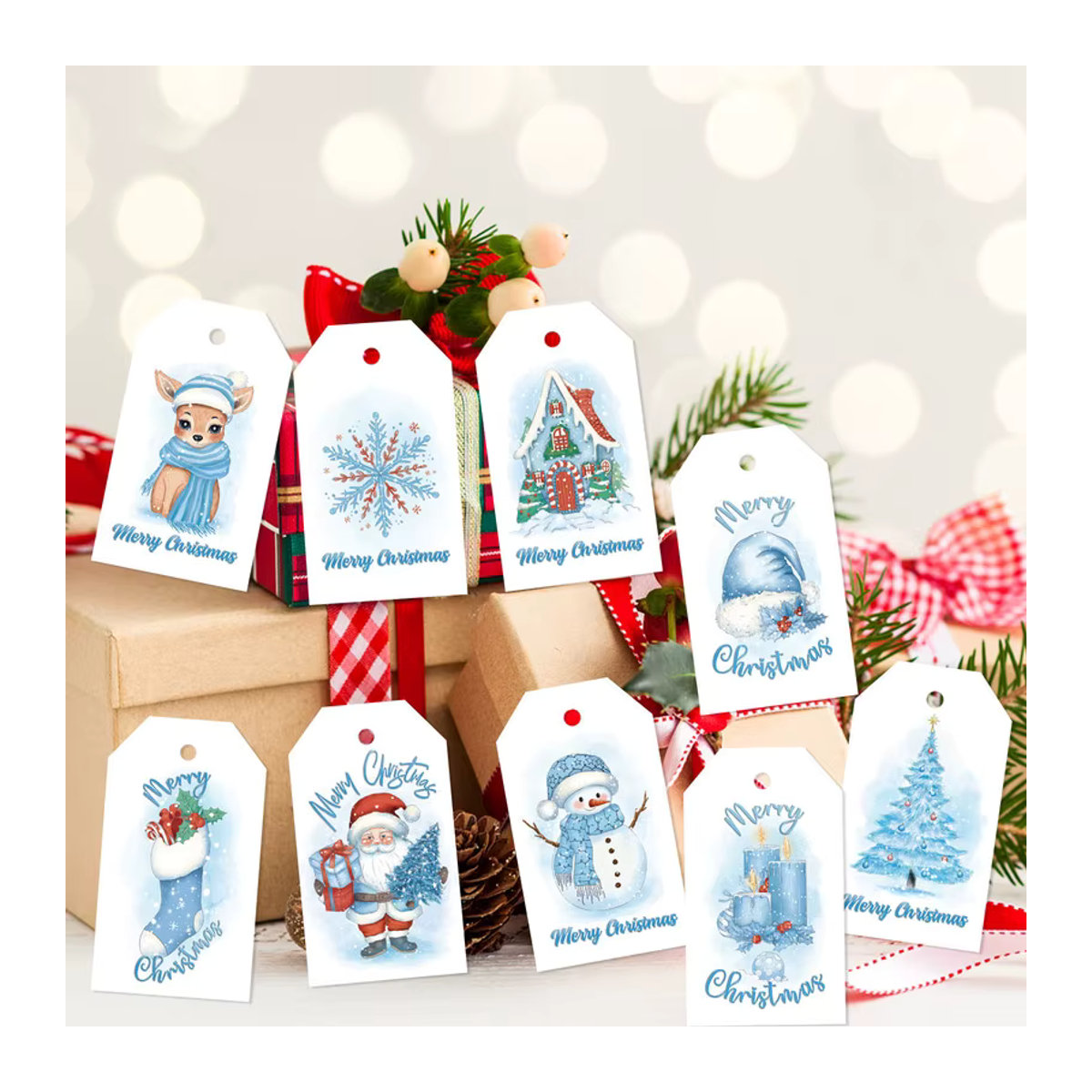 50 Stück ZQNYCY Weihnachtsgeschenkanhänger aus Papier mit Weihnachtsmann-Motiv in Weiß als rechteckige Hängeornamente für Weihnachten und Neujahr - Bild 2