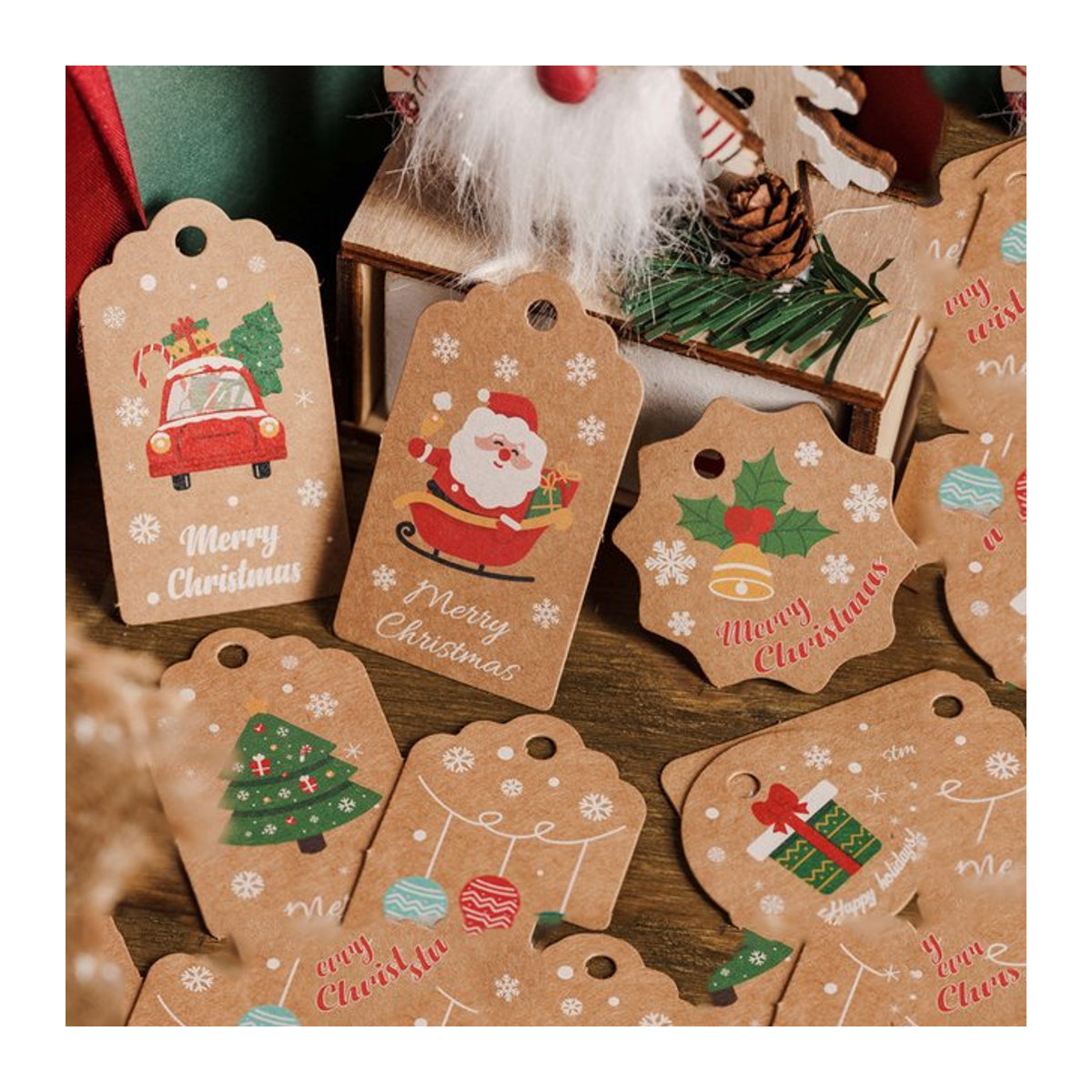 50er Set Weihnachts Geschenk Tags aus braunem Kraftpapier im Vintage Santa Claus Design für DIY Dekorationen - Bild 1