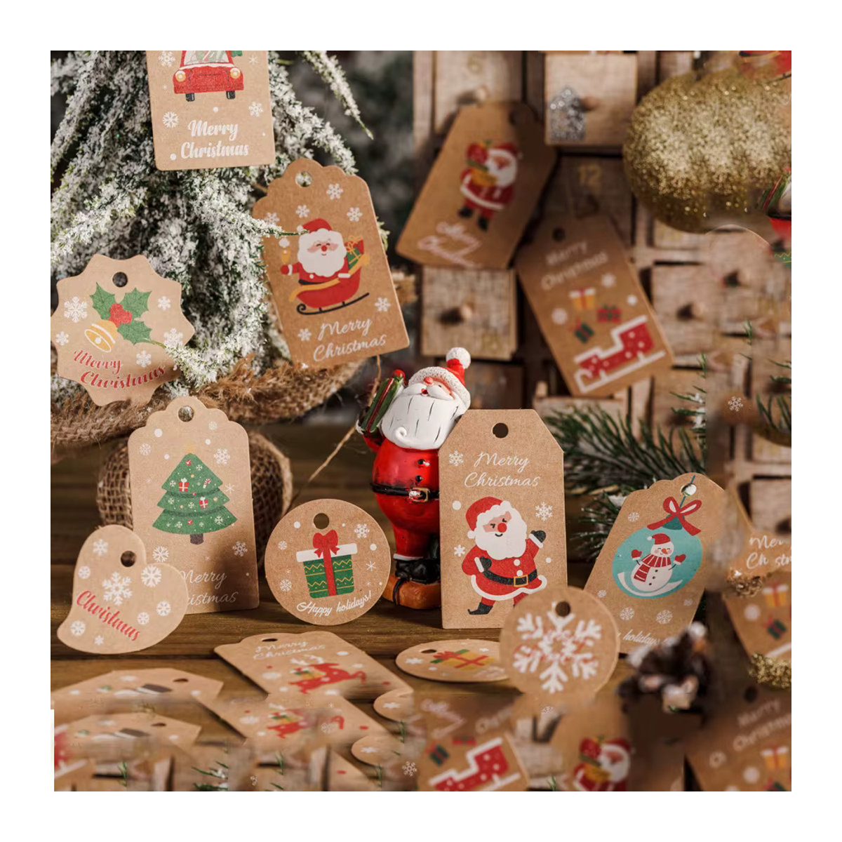 50er Set Weihnachts Geschenk Tags aus braunem Kraftpapier im Vintage Santa Claus Design für DIY Dekorationen - Bild 2