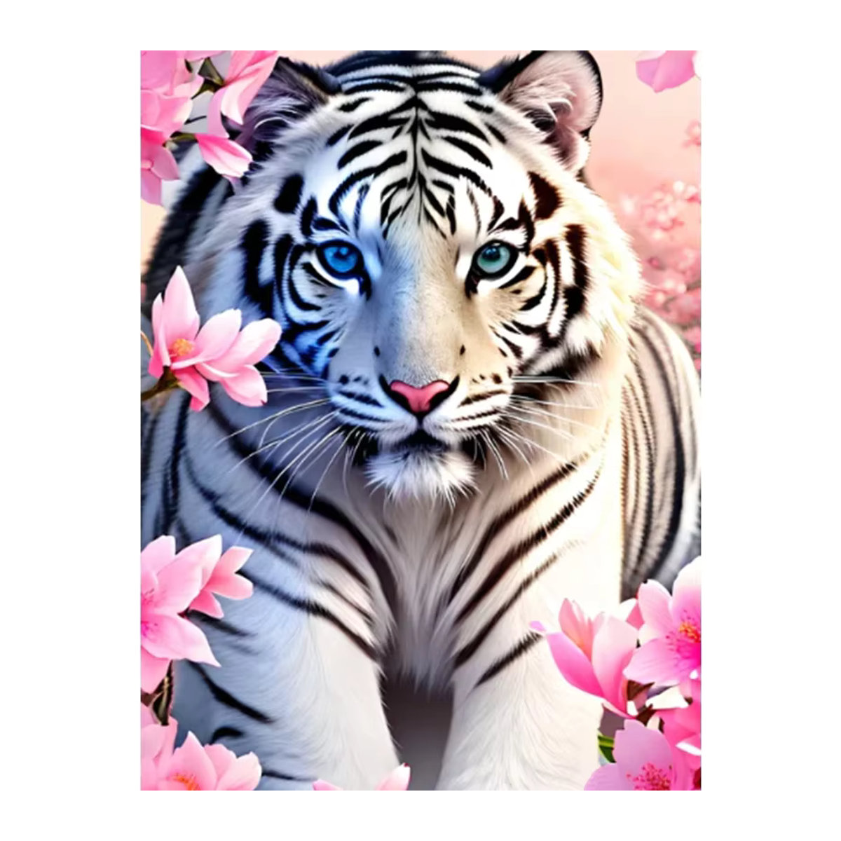 5D DIY Diamant Stickerei Set Weißer Tiger unter Blumen in Weiß und Mehrfarbig mit runden Diamanten - Bild 2