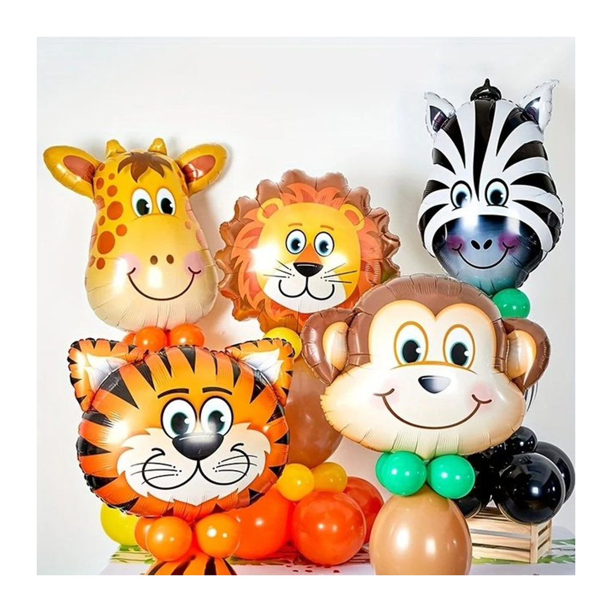5er Set Dschungel Safari Tierkopf Folienballons Multicolor für Kindergeburtstag und Baby Shower mit Tiger, Zebra, Giraffe, Löwe und Affe - Bild 1