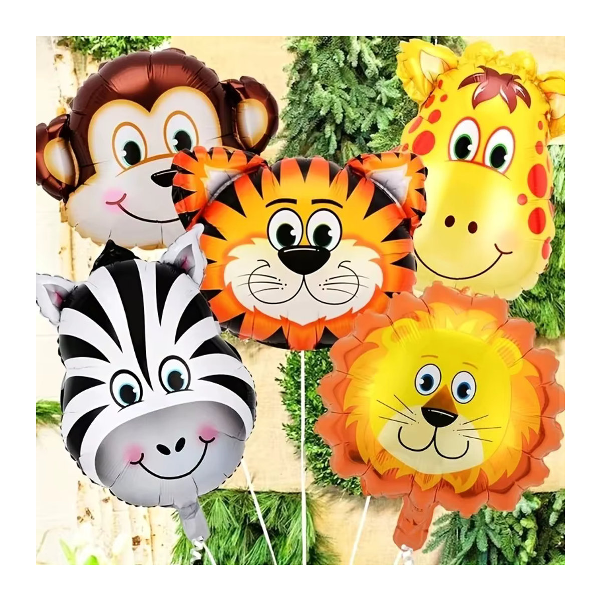 5er Set Dschungel Safari Tierkopf Folienballons Multicolor für Kindergeburtstag und Baby Shower mit Tiger, Zebra, Giraffe, Löwe und Affe - Bild 2