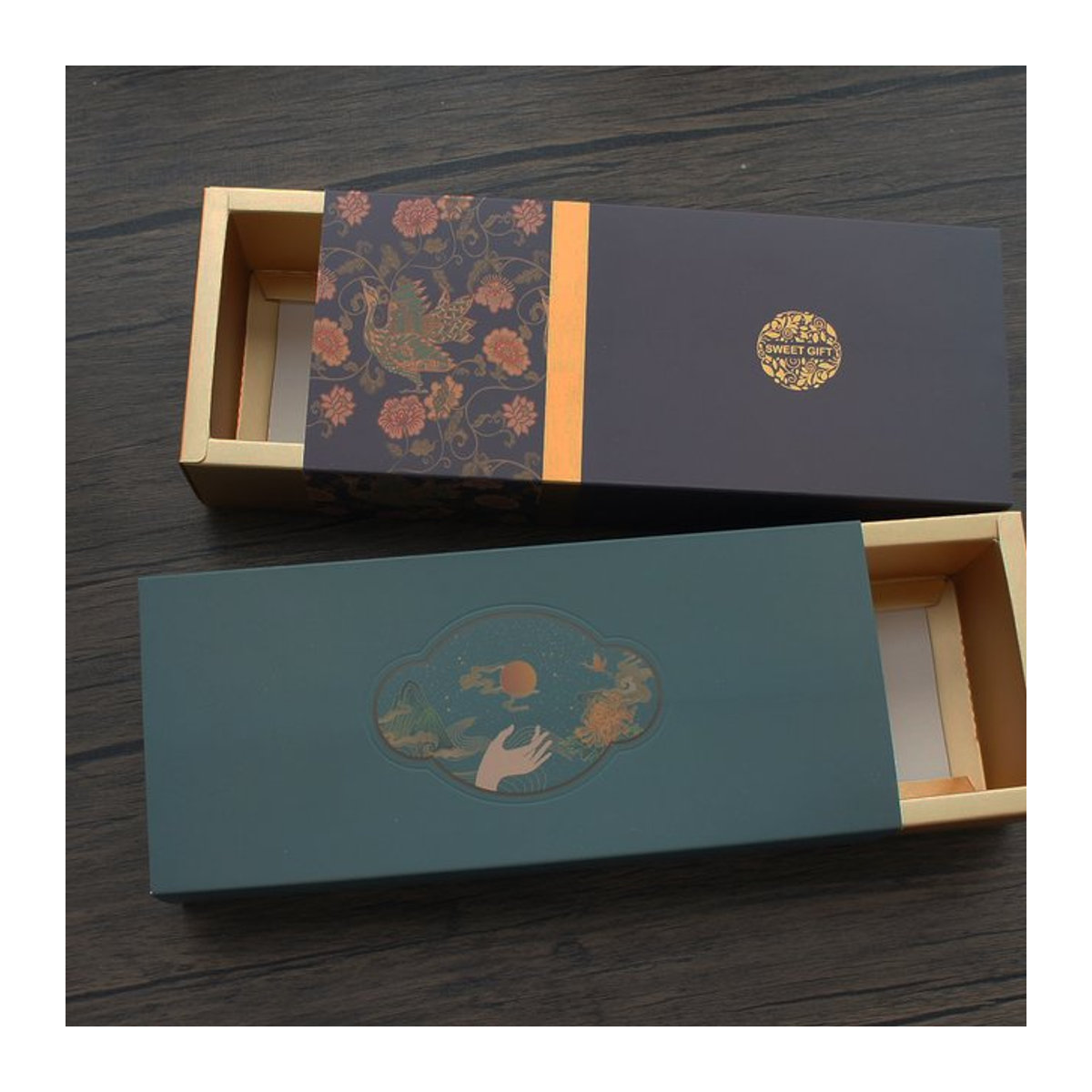 5er Set Goldene Papierboxen im Vintage-Stil mit chinesischem Gemälde-Design für Macarons, Schokolade oder Süßigkeiten, B/T/H: 24,7 x 10,5 x 5,6 cm, Marke TSbansheng - Bild 1