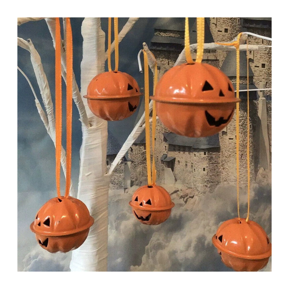 5er Set Halloween Anhänger mit Kürbis-Kopf und Glocken in Orange zur Dekoration - Bild 2