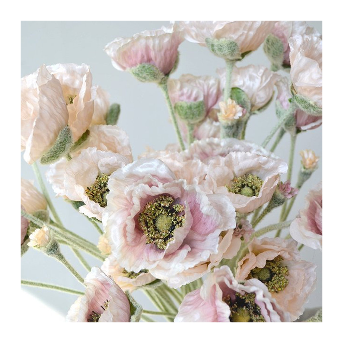 5er Set Künstliche Mohnblumen von LINANUO in Weiß und Rosa, Beflockte Textil-Blumen für Hochzeitsdeko und Brautstrauß - Bild 1