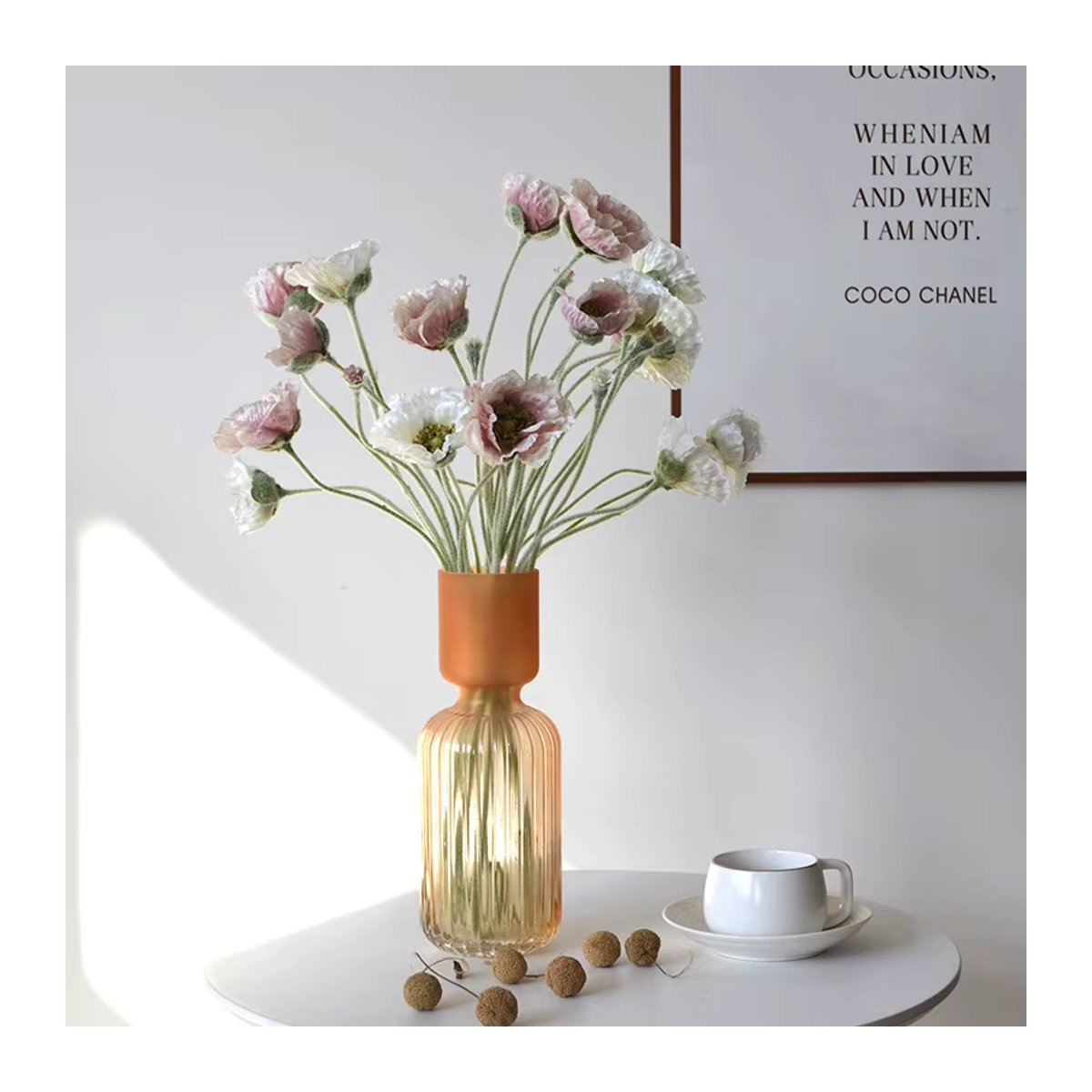5er Set Künstliche Mohnblumen von LINANUO in Weiß und Rosa, Beflockte Textil-Blumen für Hochzeitsdeko und Brautstrauß - Bild 2
