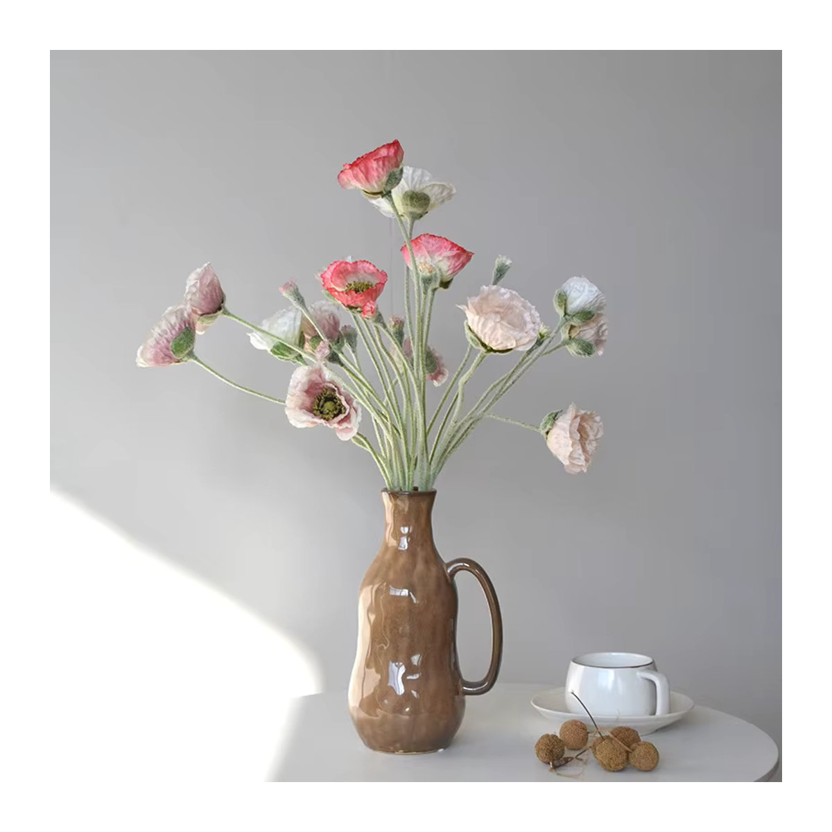 5er Set Künstliche Mohnblumen von LINANUO in Weiß und Rosa, Beflockte Textil-Blumen für Hochzeitsdeko und Brautstrauß - Bild 3