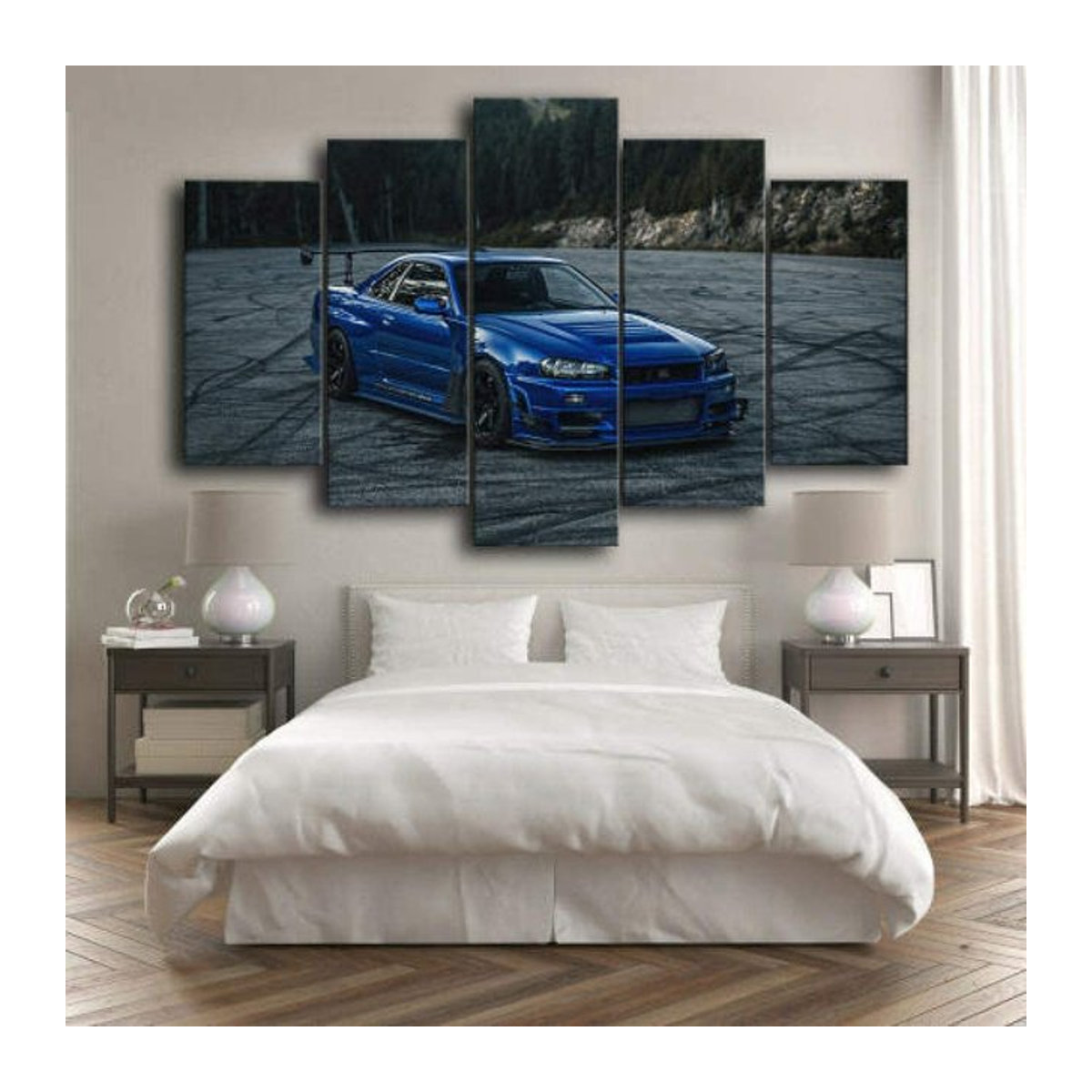 5er Set Leinwandbilder Skyline und modifiziertes Auto in Blau, moderner Wandkunst Druck für dein Wohnzimmer, Rahmenlos, B/H: 2 x 30 x 40 cm, 2 x 30 x 60 cm, 1 x 30 x 80 cm - Bild 1