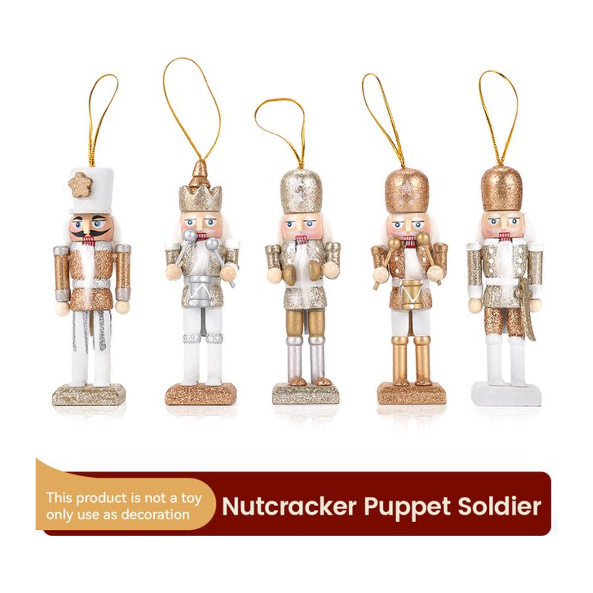 5er Set Weihnachts Nussknacker aus Holz als Baumanhänger und Desktop Ornament, Multicolor, Höhe: 12 cm - Bild 1